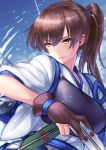  1girl arrow blue_sky bow_(weapon) breasts brown_hair kaga_(kantai_collection) kantai_collection looking_to_the_side muneate serious side_ponytail sky solo tasuki upper_body weapon yapo_(croquis_side) yellow_eyes yugake 