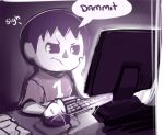  1boy chin_rest computer_keyboard computer_mouse doubutsu_no_mori monochrome sad sho-n-d villager_(doubutsu_no_mori) 