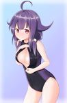  1girl ahoge blush breasts cleavage kantai_collection long_hair low_twintails nenosame_(nenosame5_) one-piece_swimsuit purple_hair red_eyes solo swimsuit taigei_(kantai_collection) twintails 