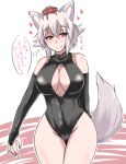  1girl :q animal_ears black_swimsuit blush breasts bridal_gauntlets cleavage front_zipper_swimsuit hat heart inubashiri_momiji large_breasts one-piece_swimsuit red_eyes sekitaku short_hair silver_hair smile solo swimsuit tail tokin_hat tongue tongue_out touhou translation_request wolf_ears wolf_tail 