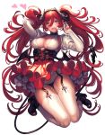  1girl black_panties breasts candy cleavage collarbone demon_girl demon_horns demon_tail demon_wings dress fangs garter_straps heart horns juliet_sleeves jumping kinm lollipop long_hair long_sleeves looking_at_viewer panties puffy_sleeves redhead shirt skirt solo tail thigh-highs tongue tongue_out twintails underwear upskirt very_long_hair white_legwear wings 