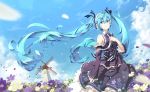  1girl aqua_eyes aqua_hair clouds detached_sleeves dress floating_hair flower hand_on_own_chest hatsune_miku long_hair microphone necktie petals sky solo twintails very_long_hair vocaloid windmill 