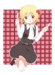  1girl :q blonde_hair checkered checkered_background folded_leg fork hair_ribbon heart knife long_sleeves looking_at_viewer napkin nekoze red_background red_eyes ribbon rumia short_hair skirt solo tongue tongue_out touhou vest 
