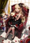  1girl black_dress black_gloves blonde_hair bow cake chair curtains dress elbow_gloves flower food frilled_dress frills fruit gloves hat honnou_(kjs9504) jewelry lolita_fashion long_hair mayu_(vocaloid) pantyhose petals rose sitting smile solo strawberry striped striped_legwear stuffed_toy vocaloid yellow_eyes 