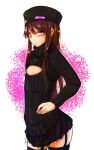  1girl ander_(at2.) at2. bangs black_legwear blush brown_hair cowboy_shot embarrassed enderman flat_chest garter_straps hair_between_eyes hand_on_hip hat highres long_hair long_sleeves looking_at_viewer minecraft open-chest_sweater personification pink_background pink_eyes ribbed_sweater simple_background solo standing sweater thigh-highs tsurime turtleneck white_background zettai_ryouiki 