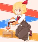  1girl :o blonde_hair chocolate chocolate_covered cooking_pot frilled_skirt frills hair_ribbon mushroom open_mouth oven_mitts pouring red_eyes ribbon rumia shiron_(e1na1e2lu2ne3ru3) shirt short_hair skirt steam touhou vest 