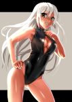  1girl black_swimsuit breasts cleavage contrapposto front_zipper_swimsuit katahira_masashi long_hair original pose silver_hair smile solo swimsuit unzipped very_long_hair zipper 