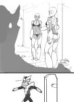  1girl 2koma android ass aya_(green_lantern) bra comic darren_geers dc_comics g-string green_lantern_corps highres mirror mirror_image monochrome panties robot_girl robot_joints solo_focus standing thong underwear walk-in 