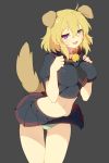  1girl animal_ears blonde_hair breasts dog_ears dog_tail green_eyes heterochromia ing_(artist) looking_at_viewer navel panties pantyshot school_uniform senran_kagura senran_kagura_(series) serafuku smile solo tail underwear violet_eyes 