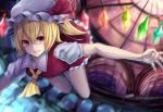 1girl akira_(mr_akira) ascot blonde_hair flandre_scarlet flying grin hat hat_ribbon indoors looking_at_viewer mob_cap motion_blur outstretched_arms puffy_short_sleeves puffy_sleeves red_eyes ribbon short_hair short_sleeves side_ponytail skirt skirt_set slit_pupils smile solo spread_arms touhou window wings 