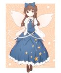  1girl armband blush boots bow brown_hair fairy_wings frilled_skirt frills hair_bow hand_on_own_chest long_hair long_sleeves looking_at_viewer nekoze patterned_background payot pink_background ribbon skirt skirt_set smile solo star_print star_sapphire touhou wide_sleeves wings yellow_eyes 
