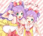  2girls ;d bare_shoulders bow double_bun dual_persona green_eyes hair_bow heart highres holding_hands interlocked_fingers long_hair looking_at_viewer manaka_lala multiple_girls nishimura_nike one_eye_closed open_mouth pripara purple_hair school_uniform short_hair smile striped striped_background twintails v 