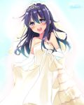  1girl :d akatsuki_(kantai_collection) alternate_costume bare_shoulders blush dress elbow_gloves gloves jewelry jiiwara kantai_collection long_hair looking_at_viewer necklace open_mouth purple_hair ring smile solo strapless_dress tiara veil violet_eyes wedding_band wedding_dress white_dress 