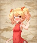  1girl aki_shizuha alternate_costume alternate_hairstyle arinu autumn_leaves bare_arms bare_shoulders blonde_hair blush china_dress chinese_clothes dress flying_sweatdrops hair_ornament looking_at_viewer open_mouth red_dress solo touhou twintails 