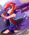  1girl grin inkling long_hair mask over_shoulder pointy_ears red_eyes redhead sho-n-d shorts smile solo splatoon tentacle_hair weapon weapon_over_shoulder 