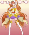 1girl amanogawa_kirara arm_behind_head armpits bare_shoulders boots brown_hair choker cure_twinkle go!_princess_precure hand_on_hip highres kodarei long_hair looking_at_viewer magical_girl multicolored_hair precure purple_hair smile solo standing thigh-highs thigh_boots twintails two-tone_hair very_long_hair violet_eyes white_legwear 
