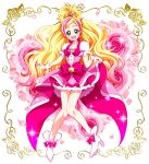  1girl :d blonde_hair choker cure_flora flower gloves go!_princess_precure gradient_hair green_eyes haruno_haruka highres long_hair looking_at_viewer magical_girl multicolored_hair open_mouth pink_hair precure rose smile solo two-tone_hair white_gloves 