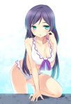  1girl aqua_eyes bare_arms bare_legs bikini breasts large_breasts leaning_forward long_hair looking_at_viewer love_live!_school_idol_project midriff natsuki_shuri navel open_mouth pool purple_hair solo swimsuit toujou_nozomi very_long_hair 