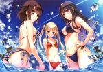  3girls absurdres bikini black_eyes black_hair blonde_hair blue_bikini blue_eyes blush clouds feet_in_water front-tie_top hairband hand_on_hip highres kasumigaoka_utaha katou_megumi long_hair misaki_kurehito multiple_girls palm_tree red_bikini red_eyes saenai_heroine_no_sodatekata sawamura_spencer_eriri scan short_hair side-tie_bikini sky small_breasts smile soaking_feet striped striped_bikini striped_swimsuit swimsuit tree twintails water 