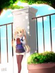  1girl artist_name black_legwear blonde_hair blue_eyes collarbone dated leaning long_hair long_sleeves looking_at_viewer saenai_heroine_no_sodatekata sawamura_spencer_eriri school_uniform skirt smile solo standing thigh-highs twintails very_long_hair violet_(eightonemini) 