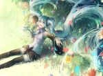  1girl absurdly_long_hair detached_sleeves domik floating_hair flower grass green_eyes green_hair hatsune_miku long_hair necktie open_mouth outstretched_arms petals sitting skirt solo spread_arms thigh-highs twintails very_long_hair vocaloid 