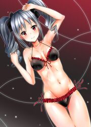  1girl bikini bow breasts hair_bow highres idolmaster idolmaster_cinderella_girls kanzaki_ranko long_hair looking_at_viewer red_eyes sakimaru silver_hair solo swimsuit twintails 