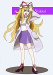  1girl alternate_costume araragi_(pokemon) arm_up blonde_hair character_name coat contemporary grey_background hand_up hat hat_ribbon high_heels highres legs long_hair long_sleeves mob_cap open_clothes open_coat open_mouth pokemon purple_skirt ribbon shirt shoe_ribbon simple_background skirt smile solo standing tongue touhou violet_eyes white_shirt yakumo_yukari 