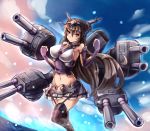  1girl antennae bare_shoulders black_hair black_legwear blue_sky breasts brown_eyes cannon clouds elbow_gloves fingerless_gloves garter_straps gloves hair_ornament kantai_collection large_breasts long_hair looking_at_viewer midriff nagato_(kantai_collection) navel ocean purple_gloves shirt skirt sky solo sumapan thigh-highs very_long_hair zettai_ryouiki 