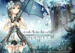  1girl black_hair blue_eyes butterfly creamsea long_hair rain solo twintails umbrella vocaloid xia_yu_yao 