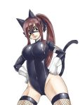  1girl animal_ears black_eyes breasts brown_hair cat_ears cat_tail covered_navel erza_scarlet fairy_tail fishnet_legwear fishnets gloves hands_on_hips large_breasts long_hair mashima_hiro mask ponytail simple_background solo tail thighs white_background white_gloves 