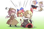  3girls :d ^_^ anger_vein angry animal_ears apron aratami_isse blonde_hair bow cape closed_eyes cooking cooking_pot d:&lt; disembodied_head dress fire hair_bow hair_ribbon multiple_girls mystia_lorelei open_mouth pink_hair red_eyes redhead ribbon rumia sekibanki shaded_face shirt short_hair skirt smile touhou vest 