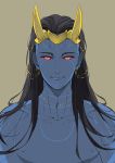  black_hair blue_skin helmet horns loki_(marvel) long_hair marvel moriyama_(b_forest) red_eyes 