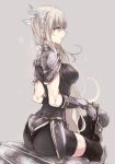 1girl armor ass black_eyes black_legwear breastplate breasts earrings faulds gauntlets greaves head_wings highres holding jewelry long_hair open_mouth original pauldrons simple_background skin_tight solo thigh-highs touma_raito white_hair 