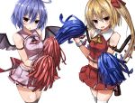  2girls 5240mosu absurdres adapted_costume alternate_costume ascot bat_wings black_legwear blonde_hair blue_hair blush bow cheerleader crystal flandre_scarlet hair_bow hair_ornament highres looking_at_viewer midriff multiple_girls navel no_hat open_mouth pom_poms ponytail red_eyes remilia_scarlet ribbon shirt siblings side_ponytail simple_background sisters skirt skirt_set sleeveless smile sweatdrop thigh-highs touhou white_background white_legwear wings wrist_cuffs zettai_ryouiki 