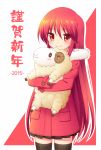  1girl 2015 aisaka_aki coat long_hair nengajou new_year red red_eyes redhead shakugan_no_shana shana sheep standing thigh-highs 