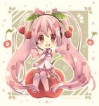  1girl cherry chibi detached_sleeves food fruit hatsune_miku headset long_hair looking_at_viewer necktie open_mouth outstretched_arm pink_hair red_eyes sakura_miku sitting skirt solo thigh-highs twintails very_long_hair vocaloid 