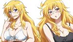  1girl :o bare_shoulders ben-tou blonde_hair blue_eyes blush bowl breasts camisole chopsticks cleavage collarbone food front-tie_top glasses hairu large_breasts long_hair mouth_hold shaga_ayame shiny shiny_hair steam sweatdrop under_boob 