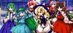  6+girls absurdres baba_(baba_seimaijo) backpack bag blonde_hair blue_hair bow bowl brown_hair detached_sleeves double_bun frog_hair_ornament gohei green_hair hair_bow hair_ornament hair_tubes hakurei_reimu hat hieda_no_akyuu highres ibaraki_kasen japanese_clothes kawashiro_nitori kirisame_marisa kochiya_sanae long_hair multiple_girls pink_hair purple_hair short_hair sketch skirt snake_hair_ornament sukuna_shinmyoumaru touhou wide_sleeves witch_hat 