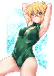  1girl alternate_costume armpits arms_up blonde_hair blush breasts front_zipper_swimsuit highres looking_at_viewer mizuhashi_parsee ootsuki_wataru pointy_ears short_hair solo touhou 