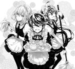  3boys ;d ^_^ ahoge alternate_costume apron black_legwear closed_eyes crossdressinging cup duster enmaided flower fylus honebami_toushirou horikawa_kunihiro maid maid_headdress monochrome mop multiple_boys namazuo_toushirou open_mouth pantyhose ponytail smile teacup teapot thighhighs touken_ranbu trap tray wink 