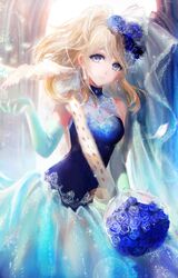  1girl ayase_eli bird blonde_hair blue_eyes dress earrings elbow_gloves flower gloves headdress highres jewelry long_hair looking_at_viewer love_live!_school_idol_project moemoe3345 rose solo wedding_dress 