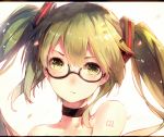  1girl bespectacled choker earrings face glasses green_eyes green_hair hadean92 hatsune_miku jewelry solo twintails upper_body vocaloid 