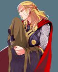  1boy armor blonde_hair blue_eyes braid cape cloak marvel moriyama_(b_forest) solo thor_(marvel) 