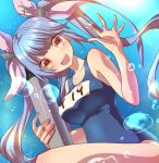  1girl blue_hair fang i-19_(kantai_collection) kantai_collection long_hair ribbon school_swimsuit smile swimsuit torpedo twintails underwater violet_eyes waving yamaki_suzume 