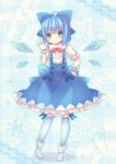  1girl adapted_costume bloomers blue_dress blue_eyes blue_hair bow cirno dress gloves grin hair_bow ice ice_wings pjrmhm_coa puffy_short_sleeves puffy_sleeves shirt short_sleeves smile solo touhou underwear waving white_gloves wings 