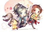  2boys black_hair blue_eyes bow brown_hair chibi coat feebas hair_bow haori japanese_clothes kashuu_kiyomitsu mawile multiple_boys namie-kun open_mouth pokemon pokemon_(creature) ponytail red_eyes scarf shinsengumi smile sparkle sword touken_ranbu weapon yamato-no-kami_yasusada 