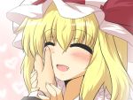  1girl blonde_hair blush closed_eyes commentary_request face fang flandre_scarlet gomasamune hand_on_another&#039;s_cheek hand_on_another&#039;s_face hat hat_ribbon heart mob_cap open_mouth pov_hands ribbon side_ponytail smile touhou wrist_grab 