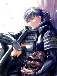  1boy armor black_hair doutanuki_masakuni helmet komota scar scarf solo sword touken_ranbu weapon yellow_eyes 