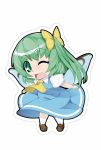  1girl ascot blue_dress bow chibi daiyousei dress dress_shirt full_body green_eyes green_hair hair_bow one_eye_closed open_mouth outline puffy_short_sleeves puffy_sleeves shirt shoes short_sleeves shou_moeboshi side_ponytail simple_background socks solo standing touhou white_background wings 