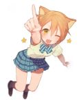  1girl ;3 ;d animal_ears blurry blush cat_ears hoshizora_rin kneehighs loafers looking_at_viewer love_live!_school_idol_project misoni_comi one_eye_closed open_mouth orange_hair pleated_skirt pointing pointing_at_viewer ribbon school_uniform shoes short_hair skirt smile solo tagme yellow_eyes 